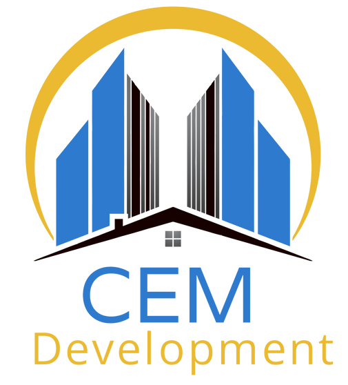 CEM Development logo with blue buildings, gold arch, and brown roof line