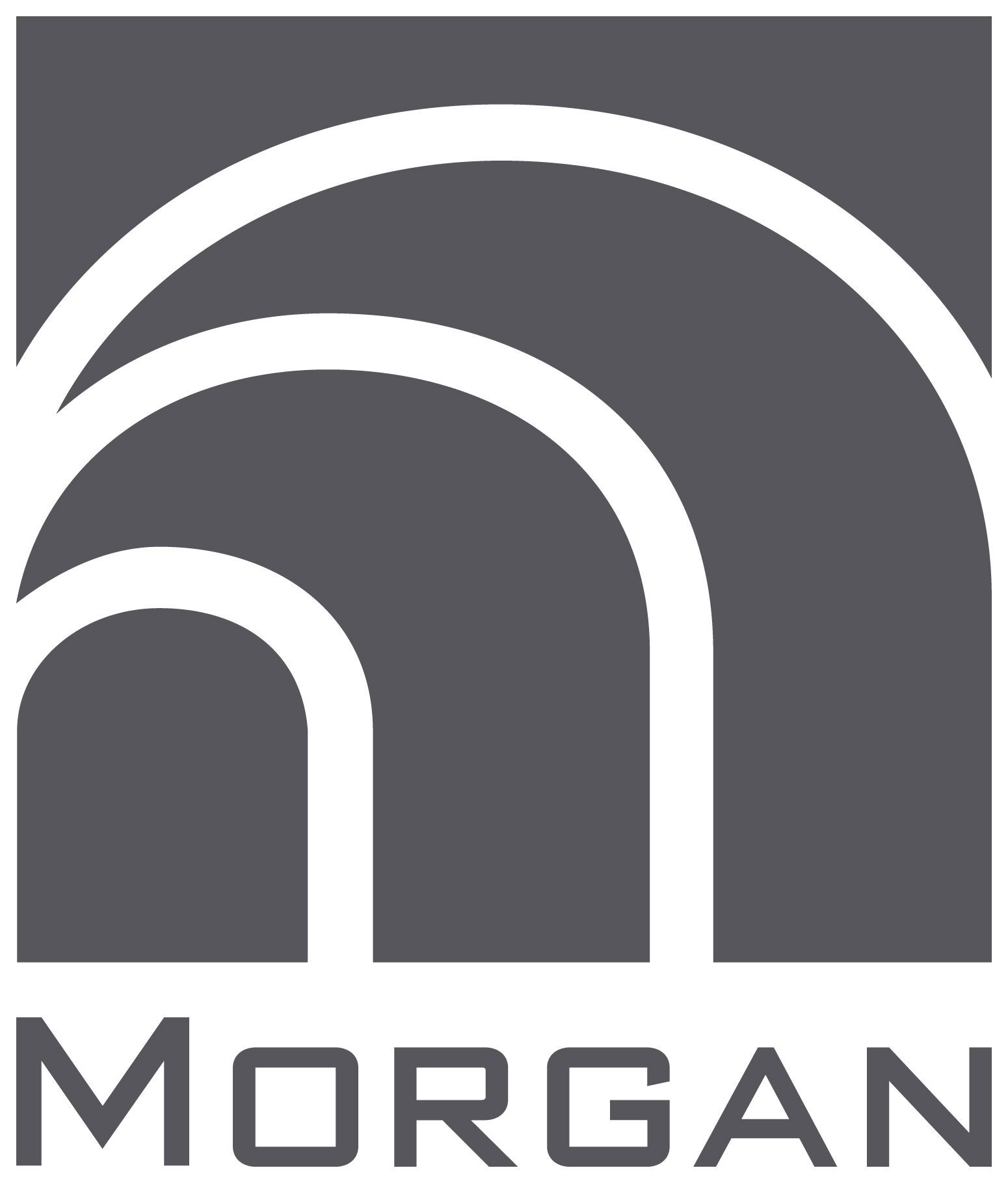 Morgan logo with white arches on a dark gray square background