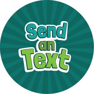 Round teal sticker with green text: 