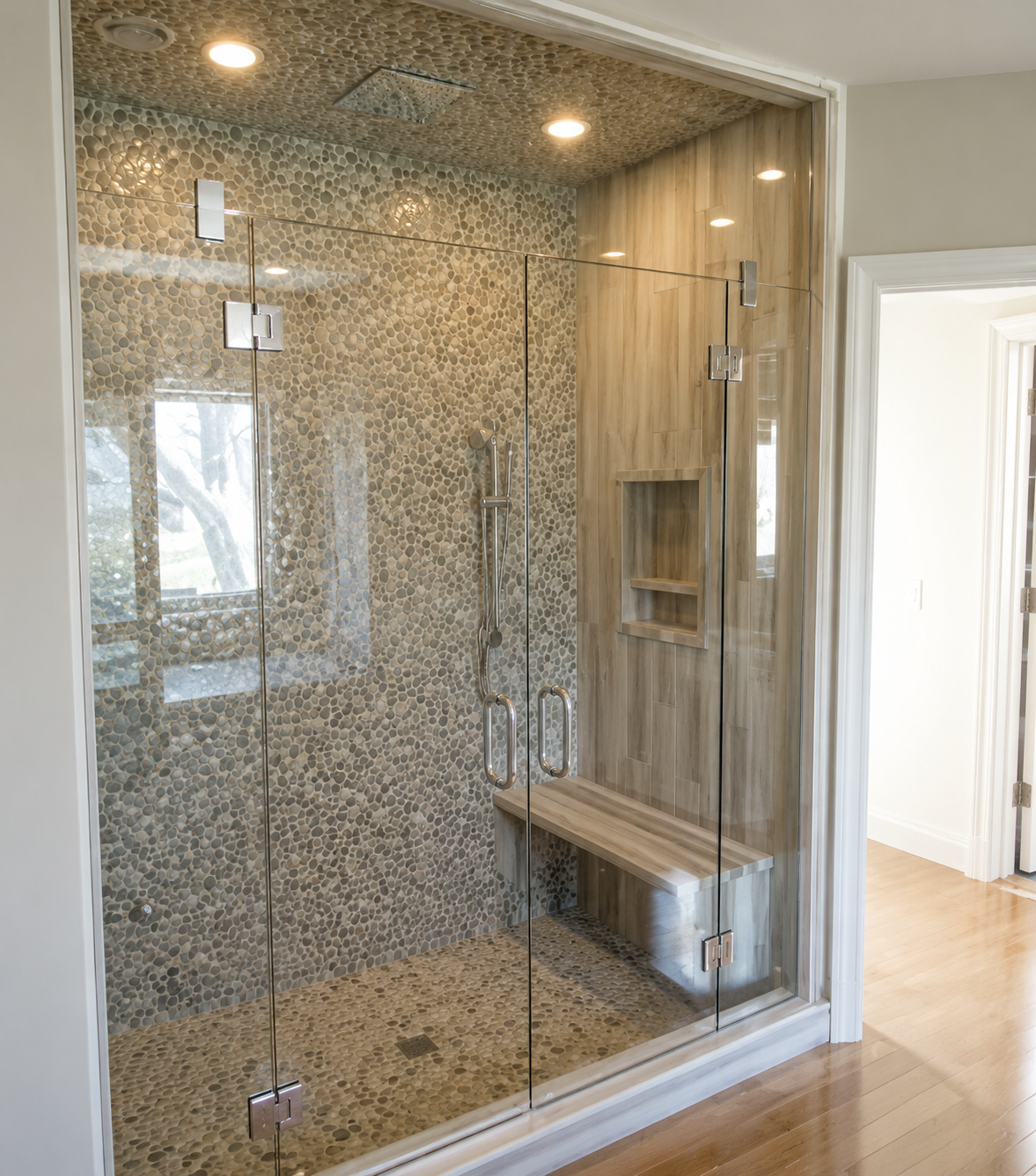 Glass-enclosed spa shower with mosaic tile walls, wood accent panel, and built-in bench