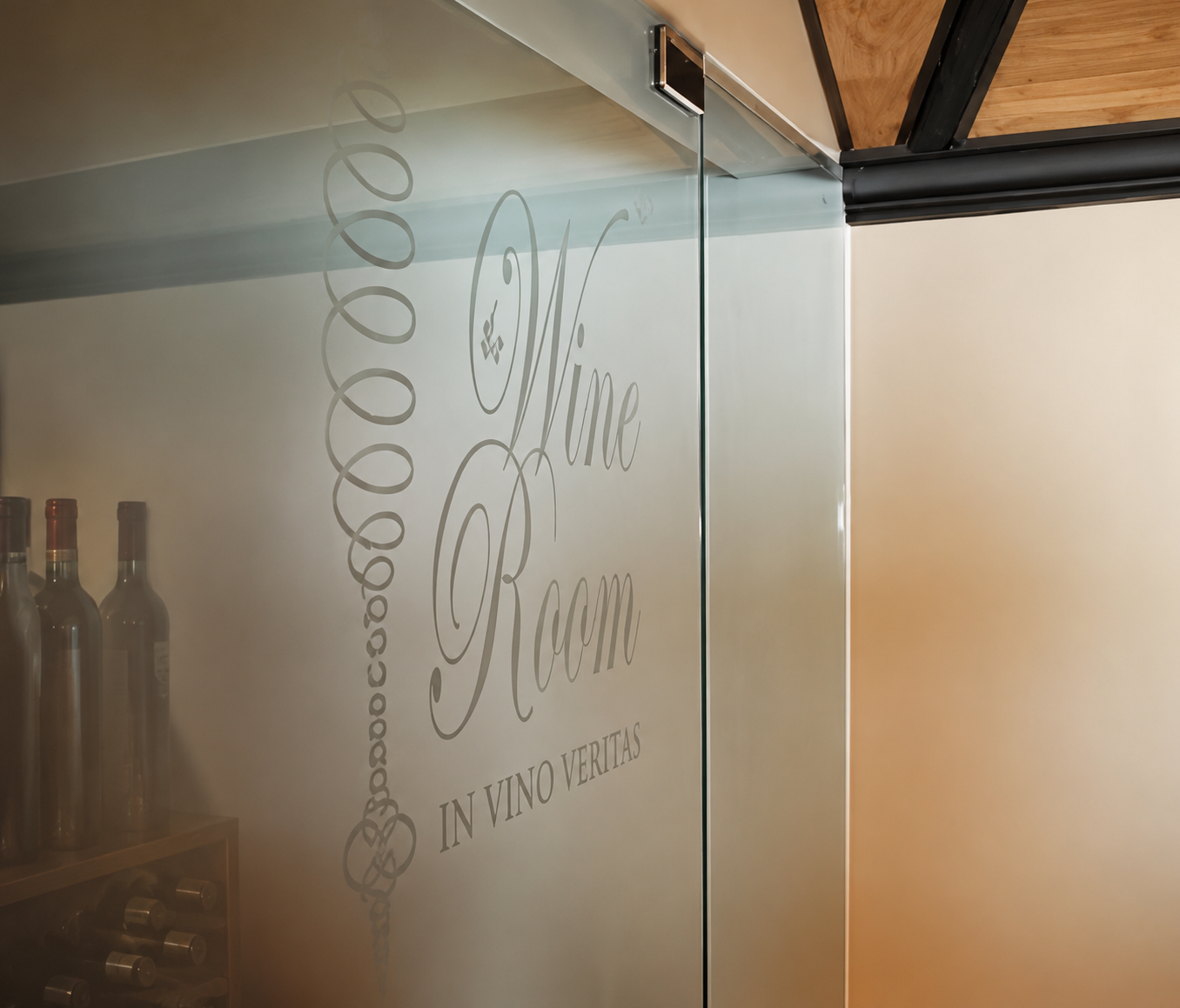 Glass wine cellar door with “Wine Room” lettering and bottles visible inside