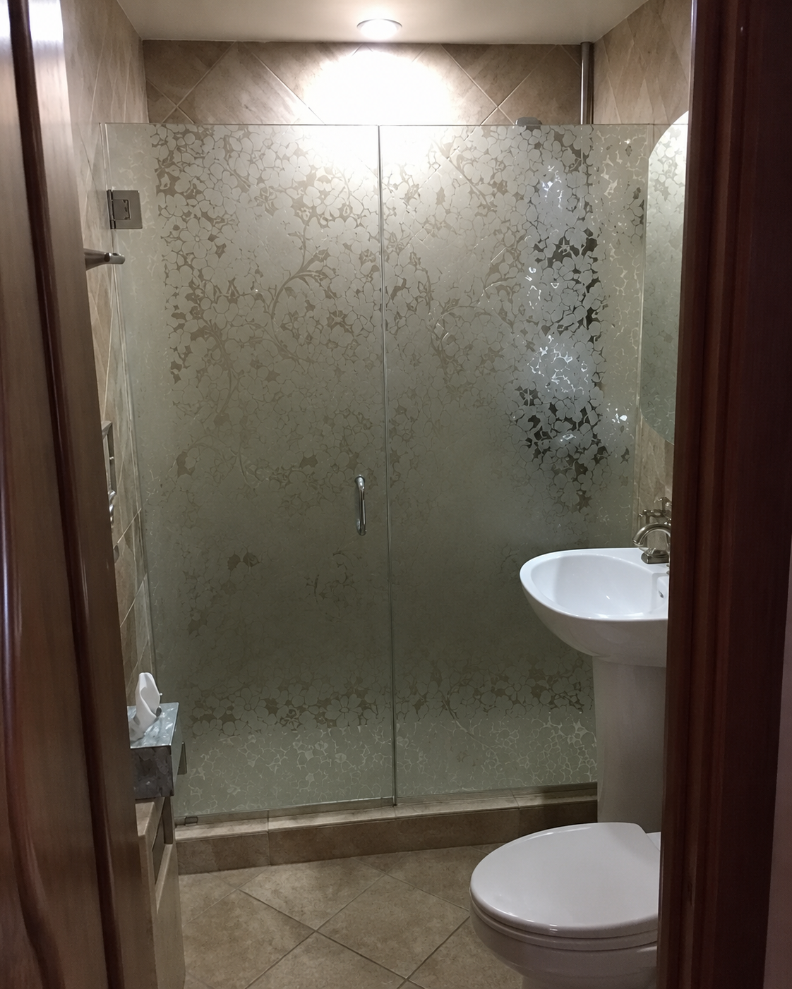 Small bathroom with glass shower enclosure and white sink and toilet.