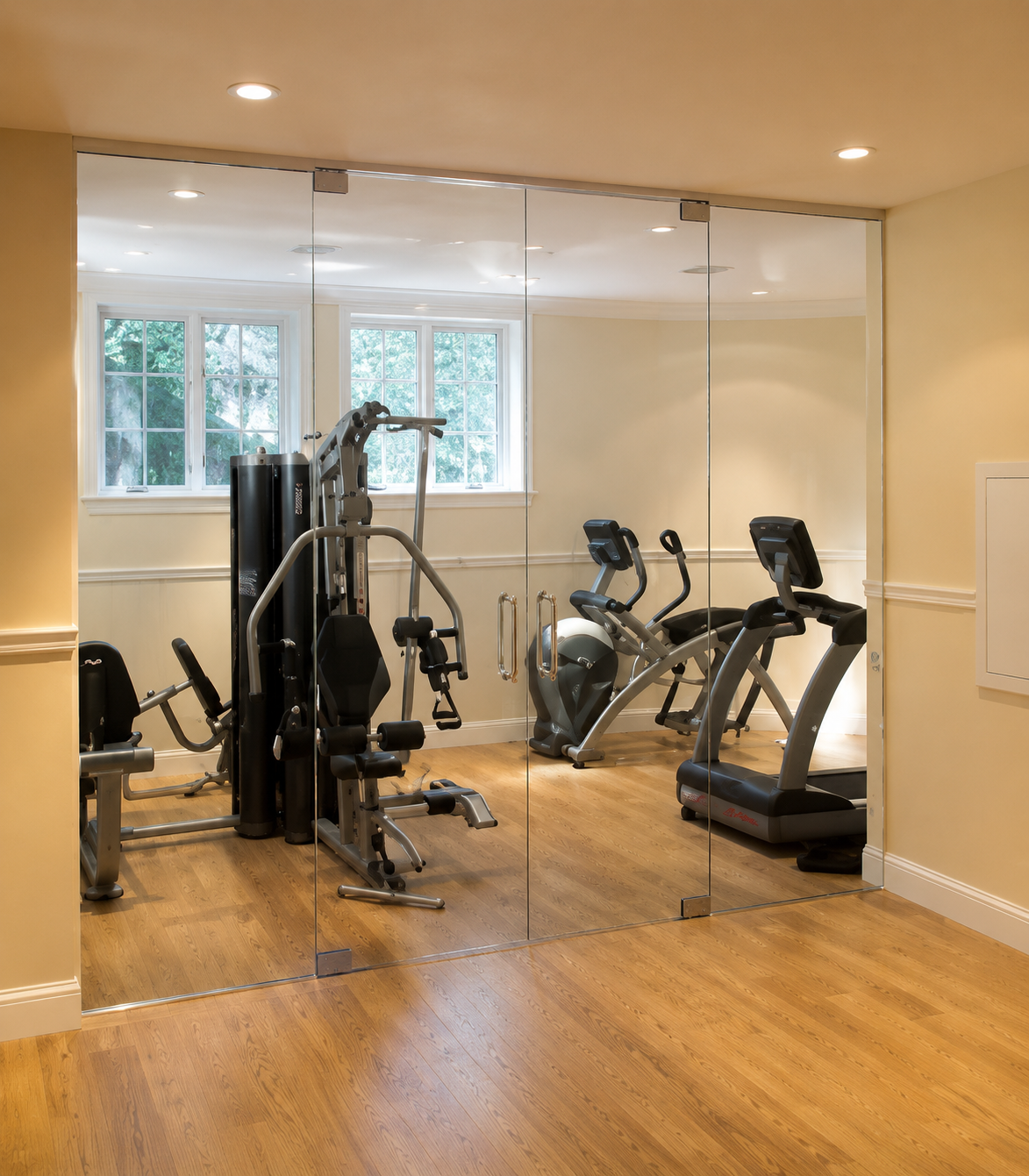 Home gym with treadmills, stationary bikes, and weight equipment behind a mirrored wall.