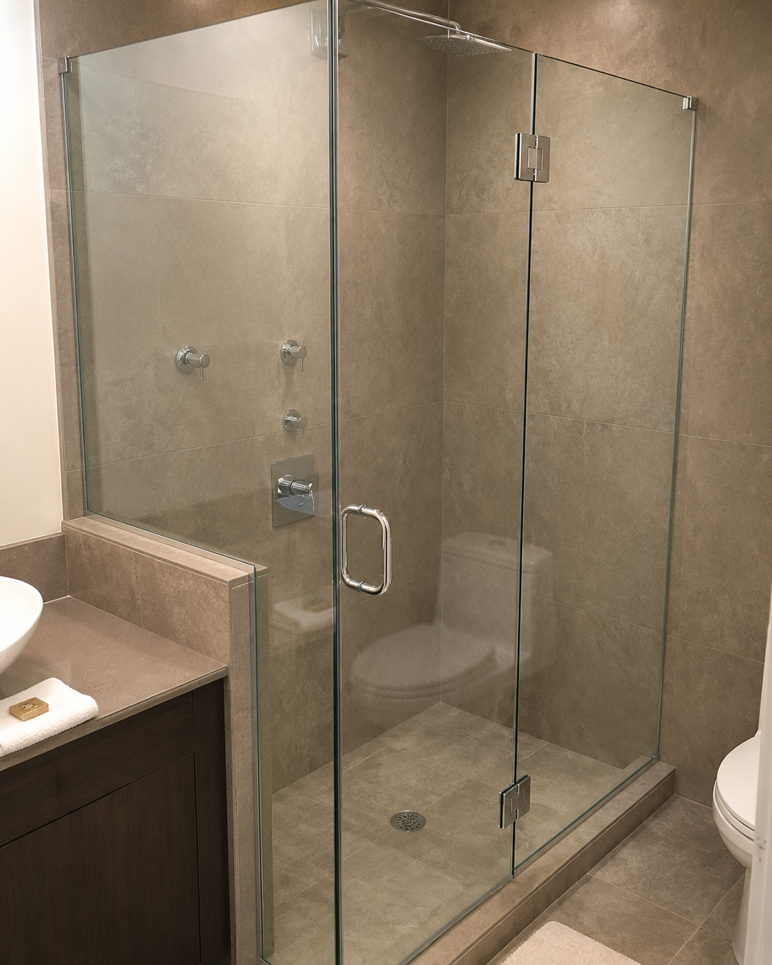 Glass shower enclosure in a beige hotel bathroom beside a sink and toilet.
