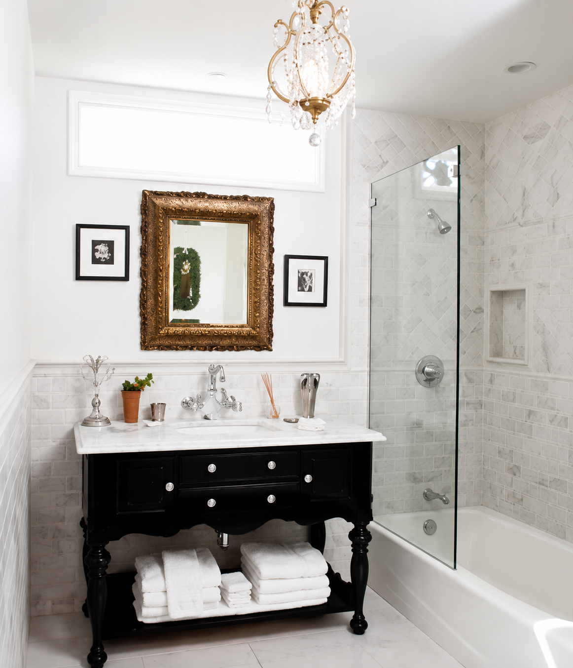 Elegant bathroom with black vanity, marble shower, gold mirror, and chandelier lighting
