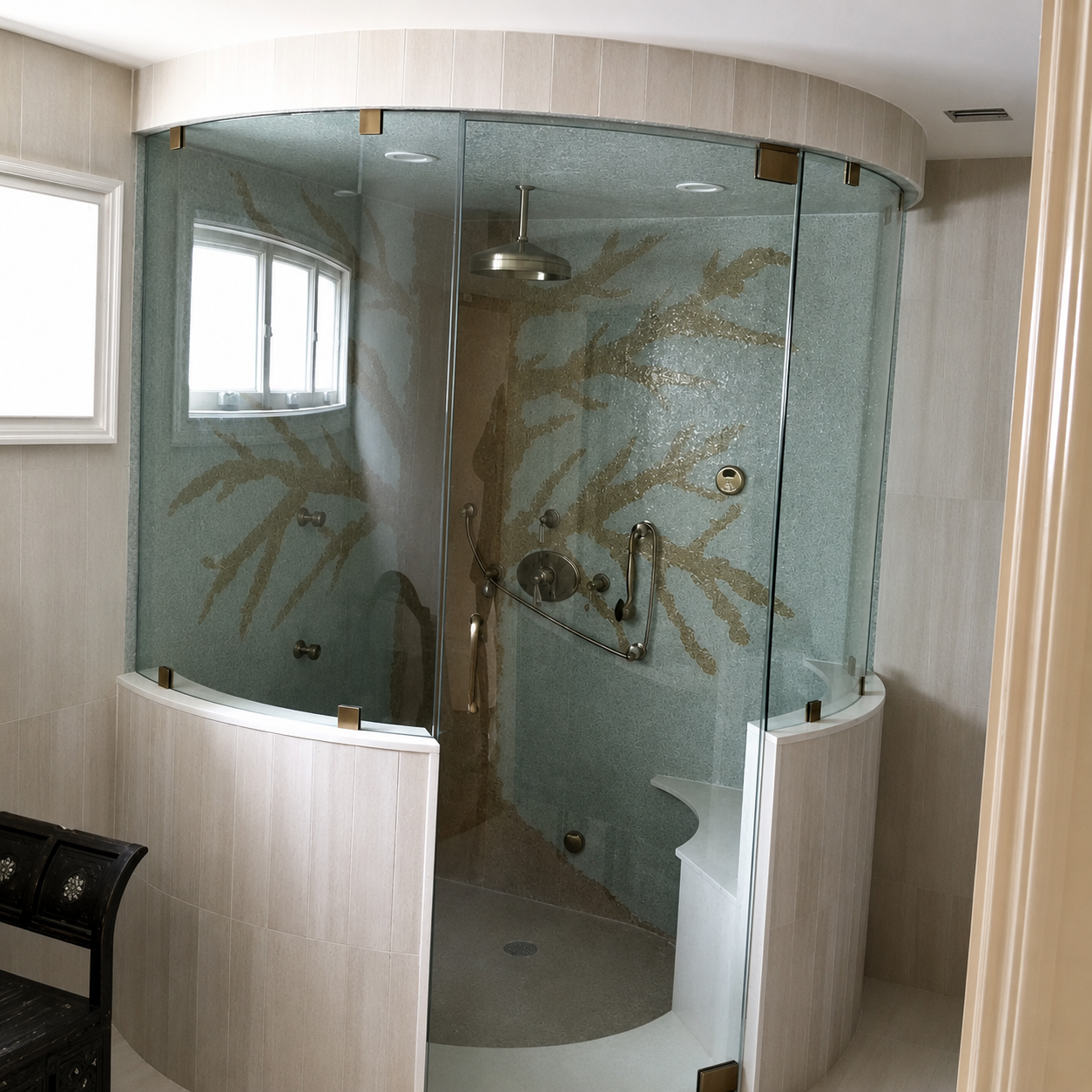 Curved glass shower enclosure with frosted sea-life design in a beige bathroom
