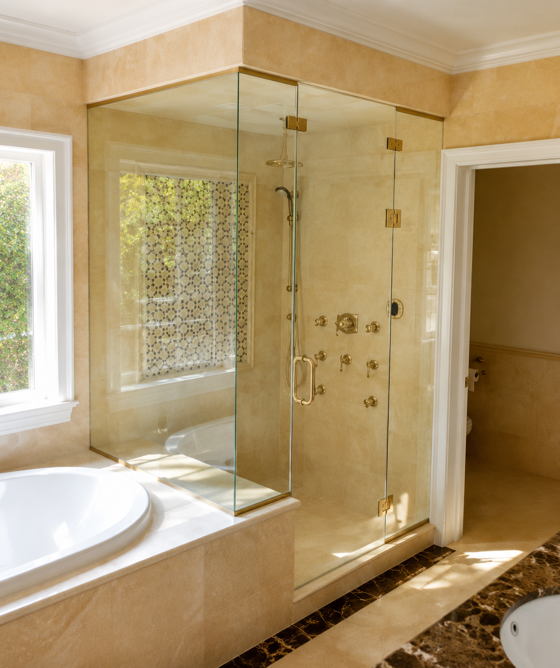 Bright bathroom with glass shower, bathtub, beige tile, and sunlight from windows