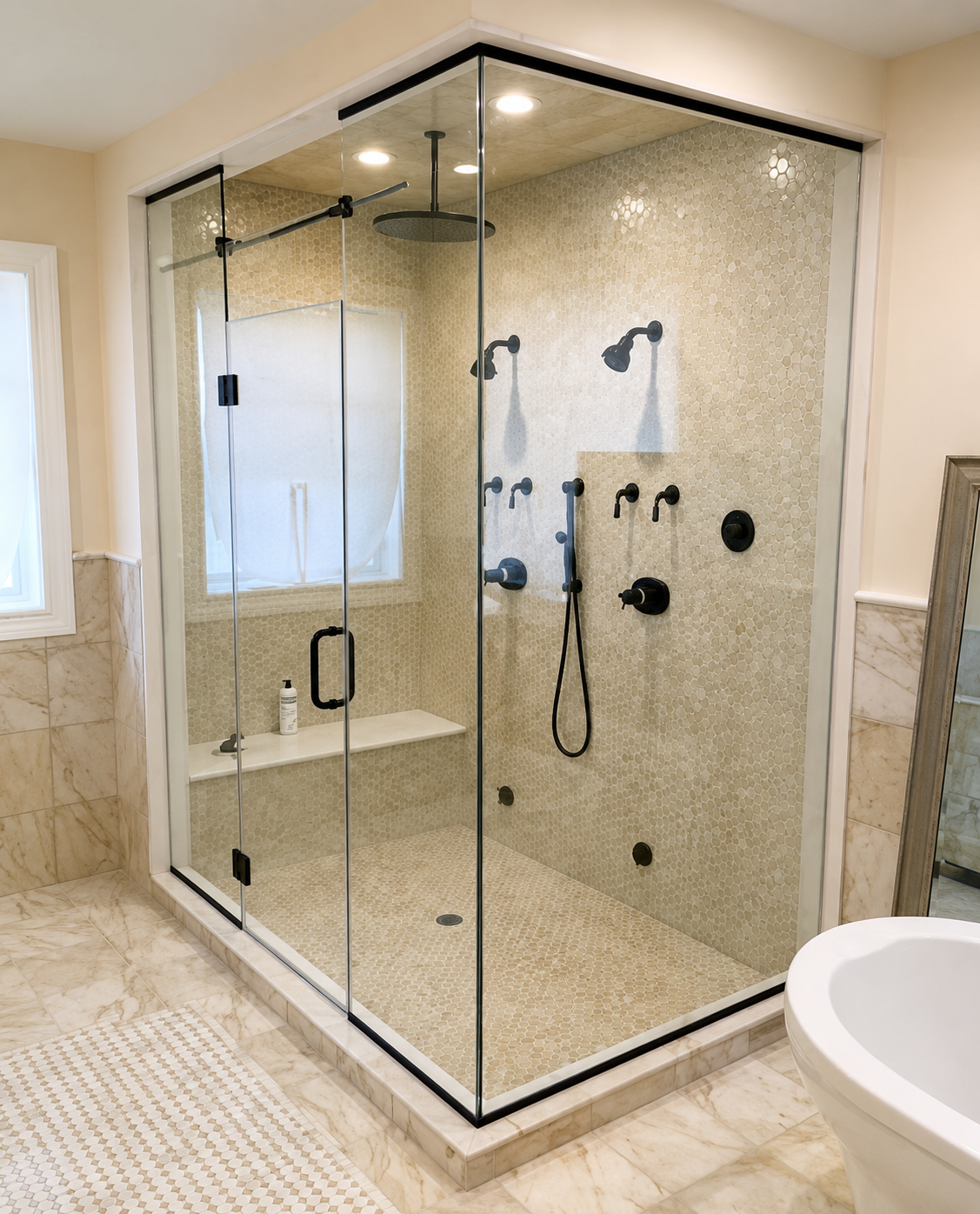 Modern glass-enclosed walk-in shower with beige tile, black fixtures, and a shower bench in a bathroom
