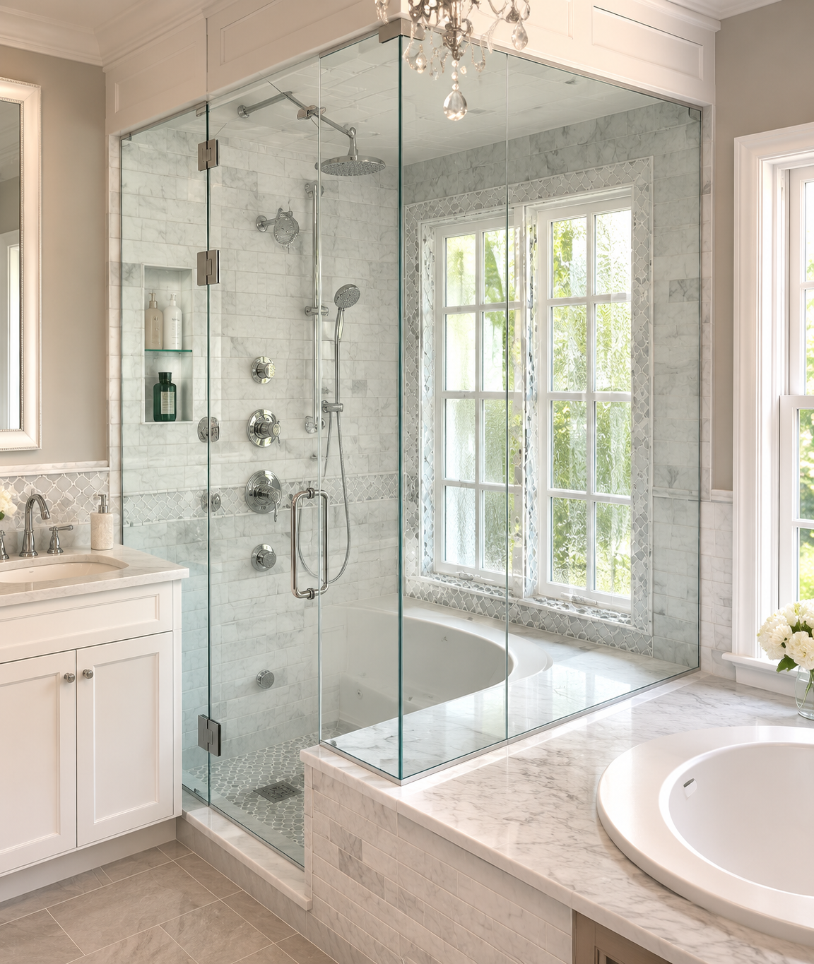 Bright bathroom with glass-enclosed shower, white vanity, and window beside a marble bathtub.