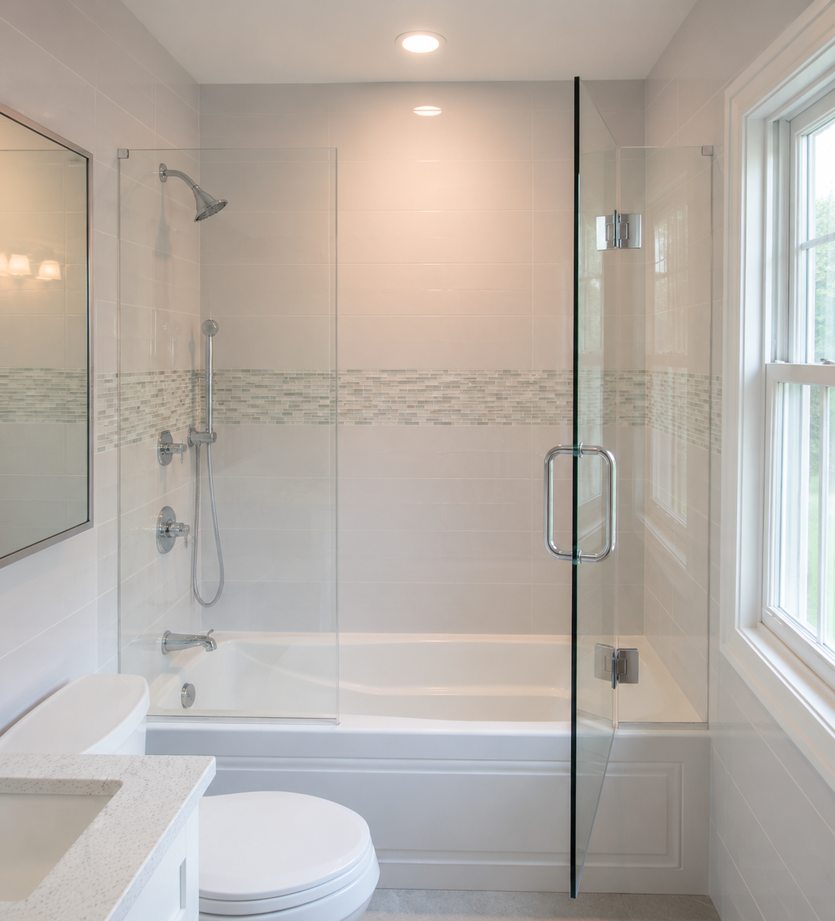 Bright white bathroom with tub-shower combo, glass door, toilet, sink, and window.