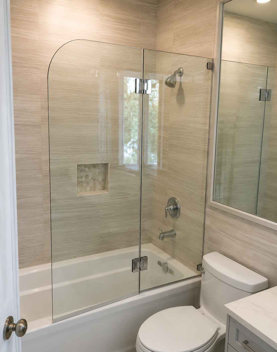 Bathroom with glass bathtub shower enclosure, white toilet, vanity, and large mirror.