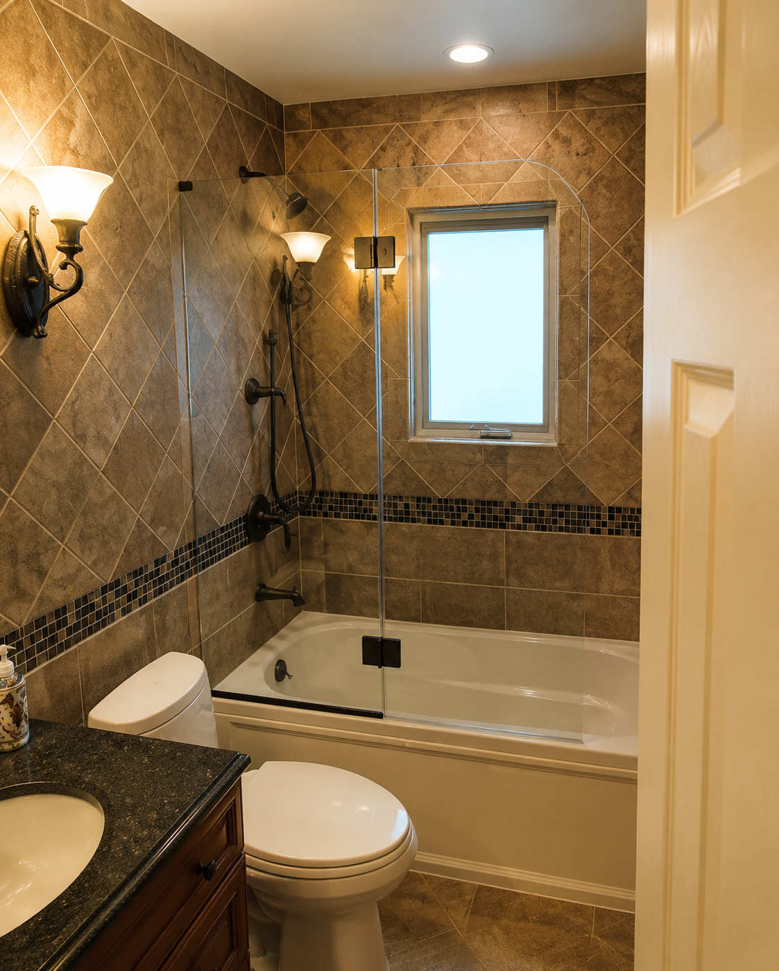 Accessible bathroom with tub, shower, toilet, and granite vanity in beige tile.
