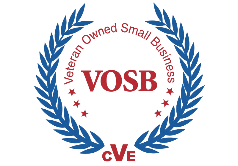 Veteran Owned Small Business logo with blue laurel wreath, red VOSB text, and cVE at bottom