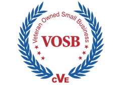 Veteran Owned Small Business logo with blue laurel wreath, red VOSB text, and cVE at bottom