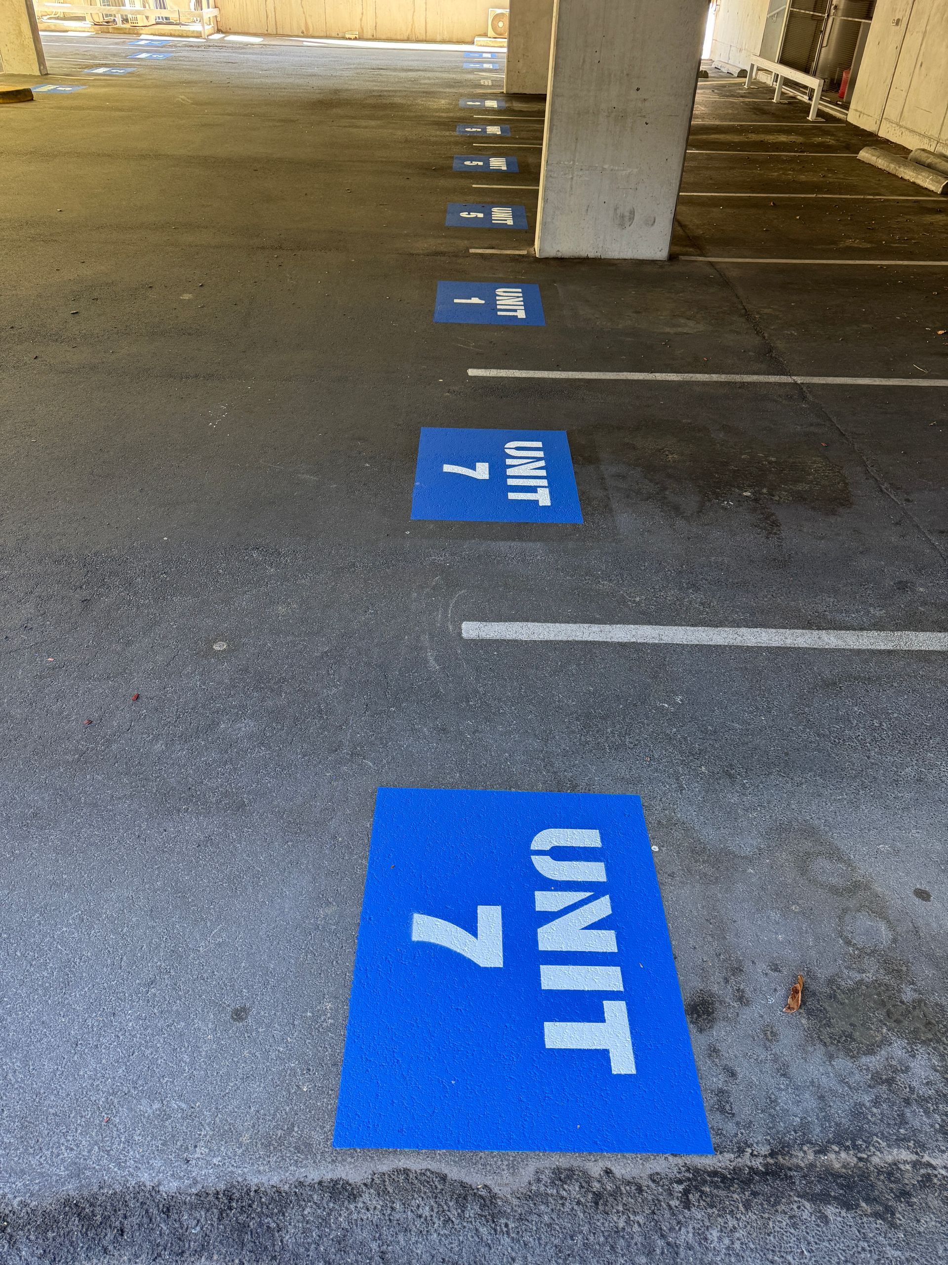 Blue parking space markers labelled 