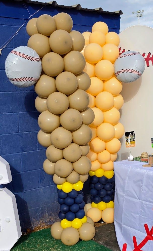 Custom baseball bat balloon columns rental for sports theme event decor in San Antonio and Wilson County TX