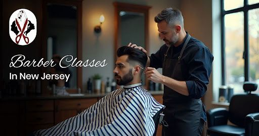Barber giving a haircut in a New Jersey barbershop. Text: 
