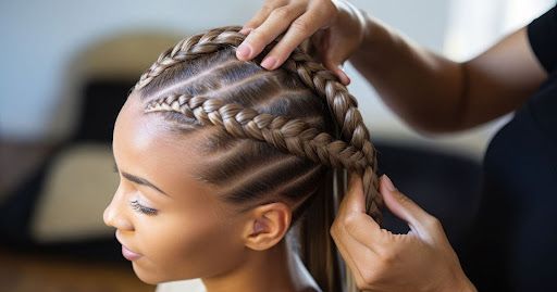 Person's hair being styled into cornrows, light brown braids.