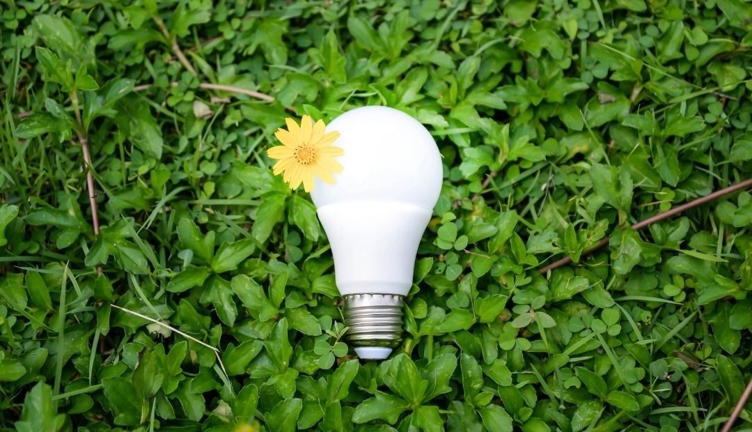 A light bulb with a yellow flower in it is sitting in the grass.