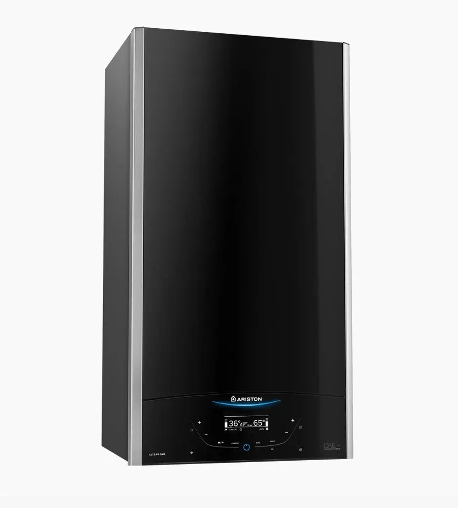 Caldaia a gas nera da parete con display digitale e dettagli blu.