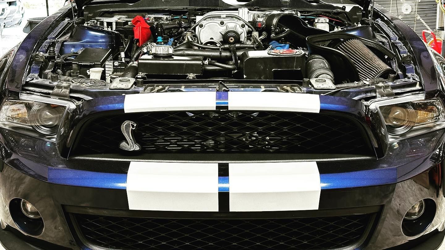 Blue and white striped Shelby Mustang engine bay with the hood open.  | YellowHammer Racing