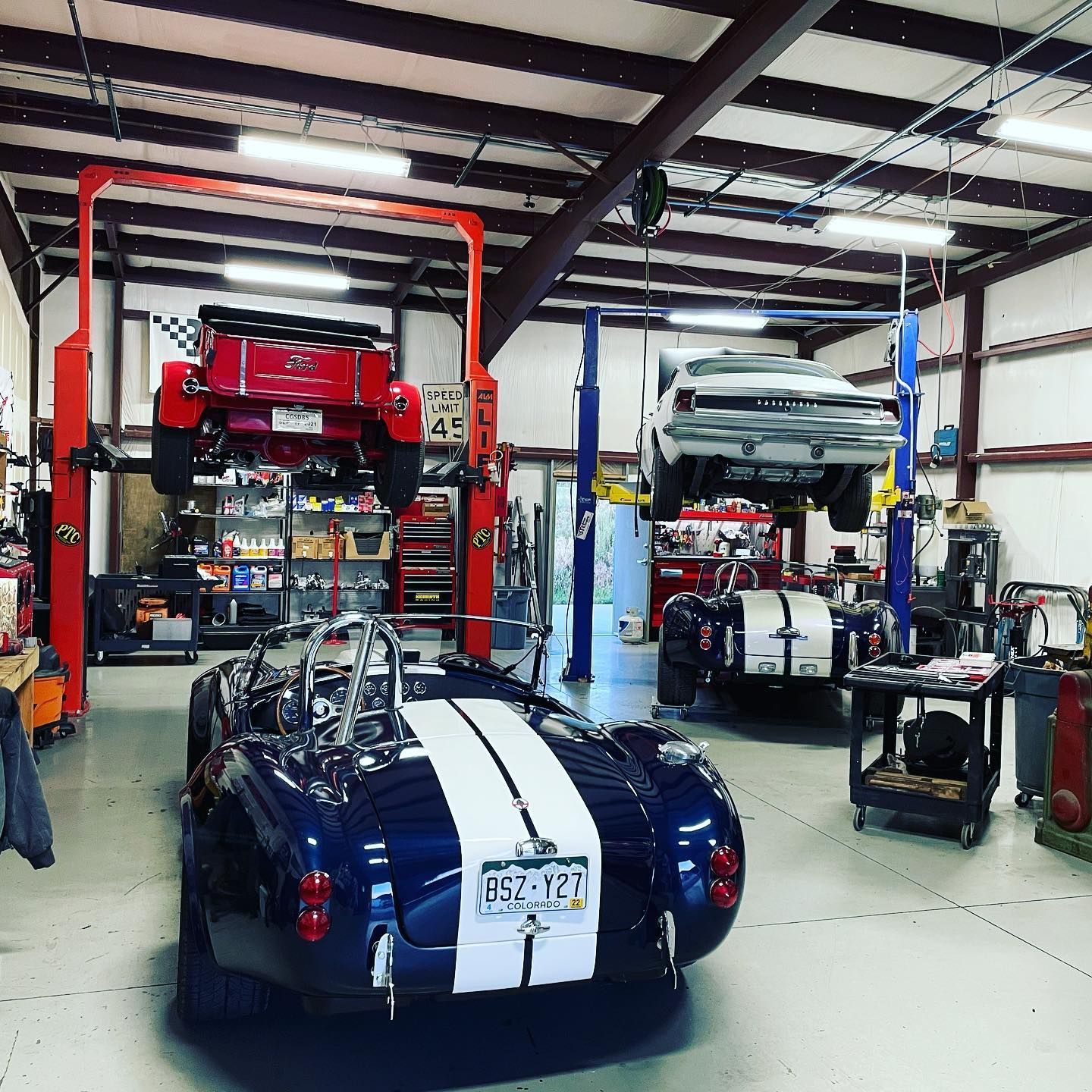 Blue and white Cobra sports car in a garage, with two cars on lifts and tools visible. | YellowHammer Racing