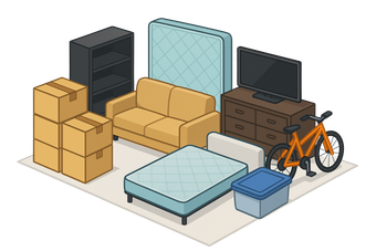 A room containing furniture, boxes, a bicycle, and a mattress, likely storage.