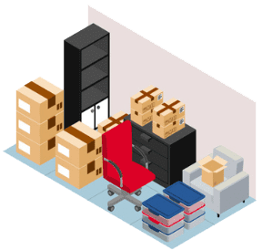 Storage unit with boxes, furniture, and a red chair.