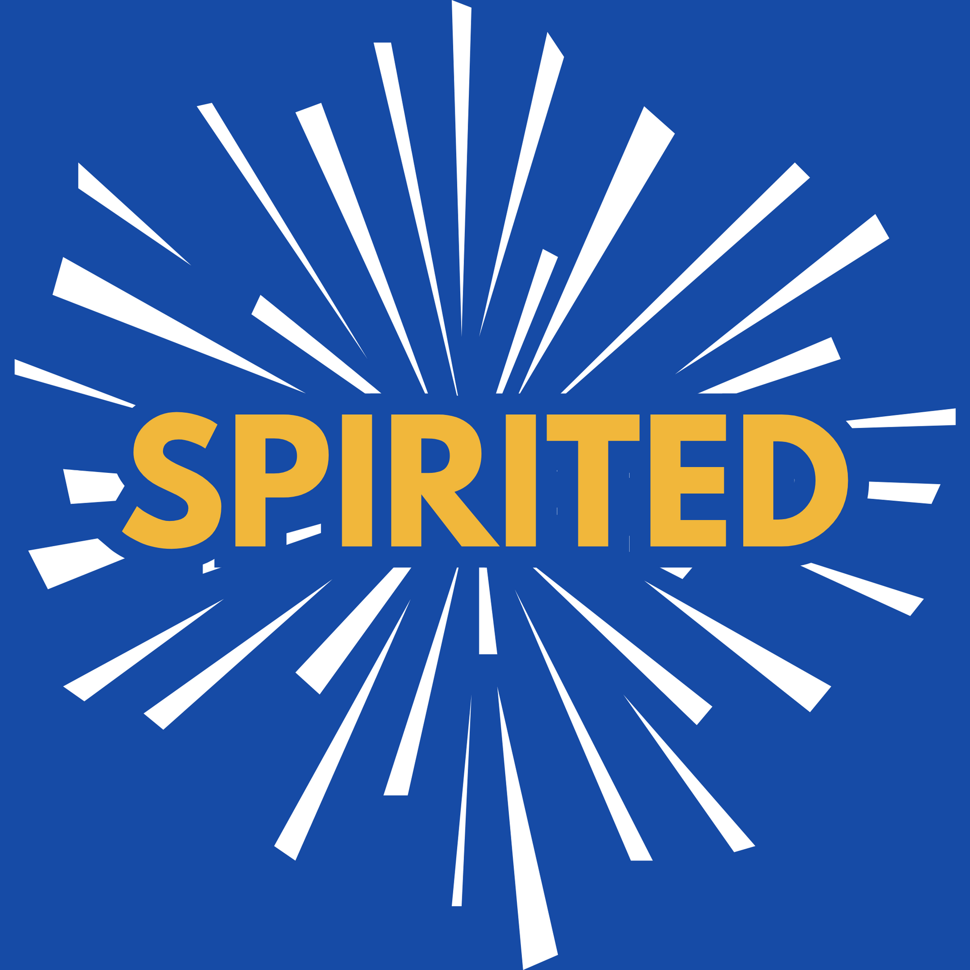Yellow 'SPIRITED' text on blue background with white burst design.