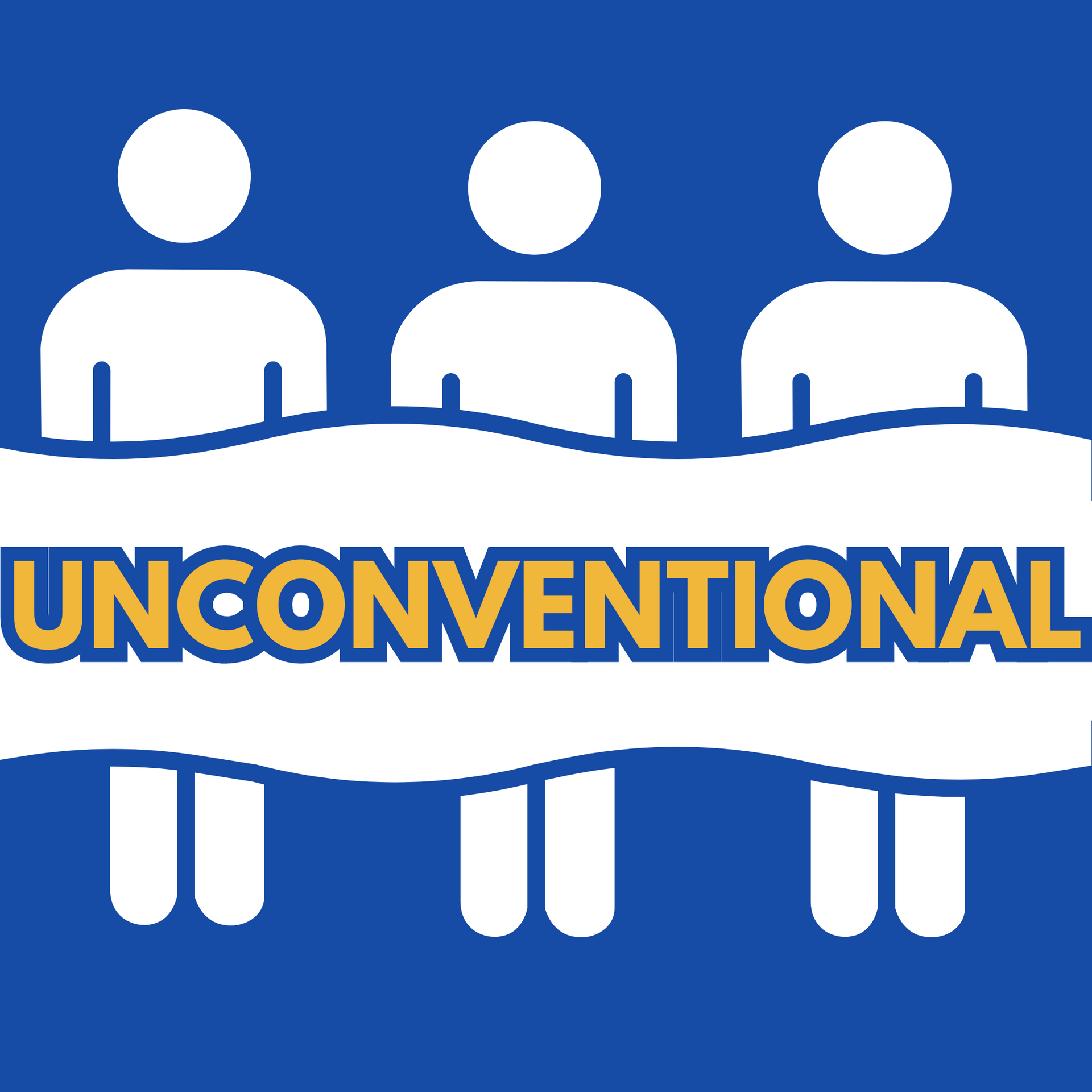 Three stick figures with 'UNCONVENTIONAL' text on a blue background.