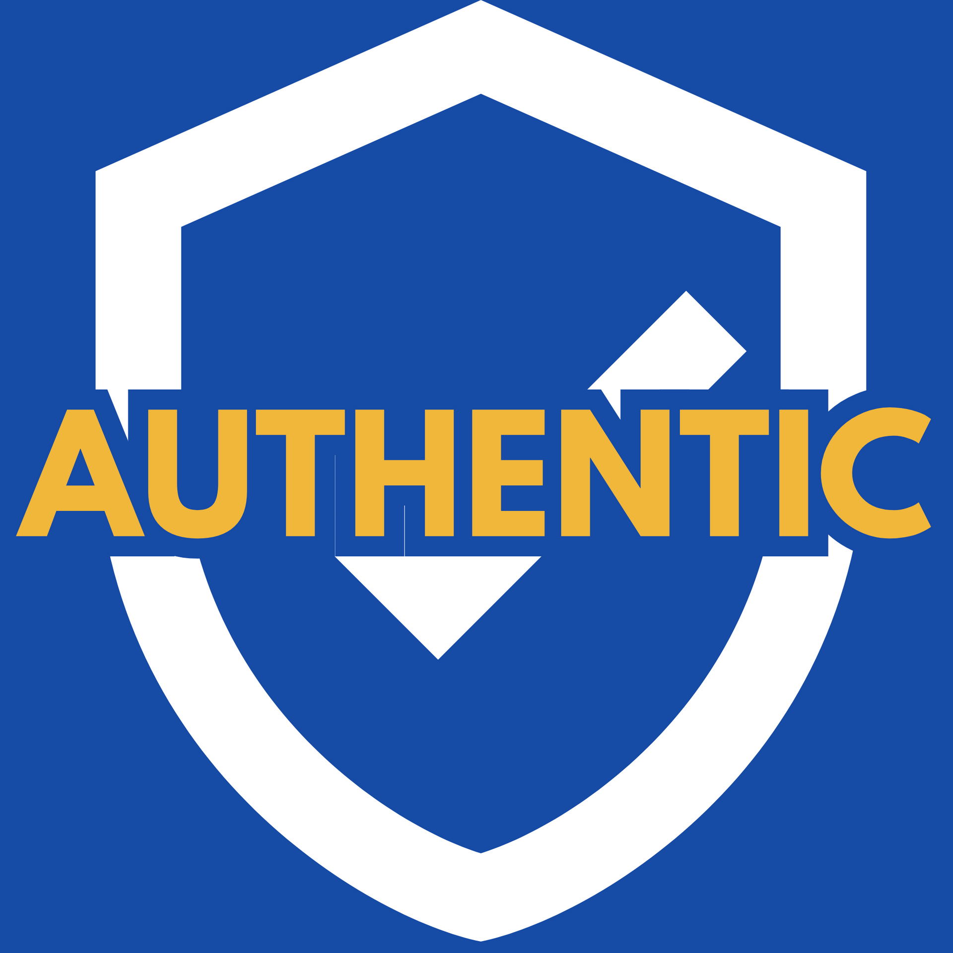Blue shield with a white outline and a check mark, and yellow text reading 'AUTHENTIC'.