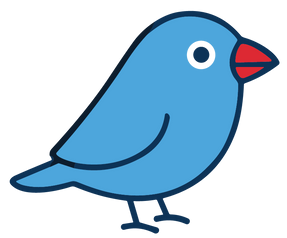 Blue cartoon bird with a red beak and white eye, standing in profile on a white background