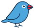 Blue cartoon bird with a red beak and white eye, standing in profile on a white background