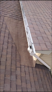 Roof shingles with a detached gutter and downspout along the edge of a house