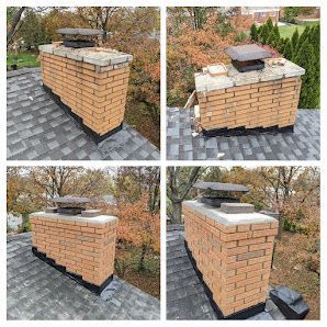 Four views of a brick outdoor chimney or grill structure with a metal cap on a roof.