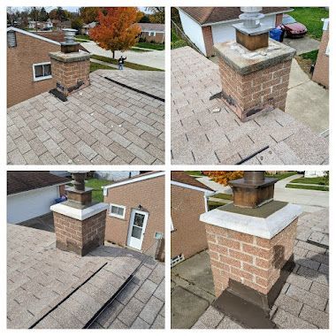 Brick chimney with white cap and metal vent on a shingled rooftop, shown from four angles.