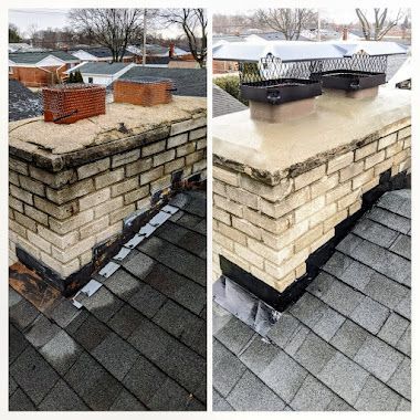 Roof chimney stack before and after repair, showing worn brickwork replaced with clean, light stone masonry.