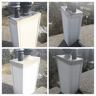 White rooftop utility box with vents and two metal pipes, shown from four angles outdoors.