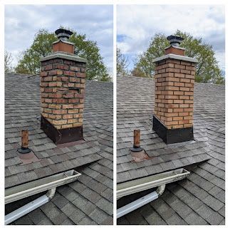 Before-and-after view of a brick chimney chimney repair on a shingled roof, showing dark to light brickwork.