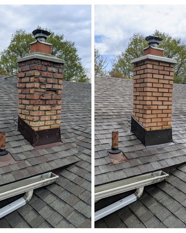 Before-and-after view of a brick chimney repair on a shingled roof, with damaged bricks replaced by smooth tan brick.