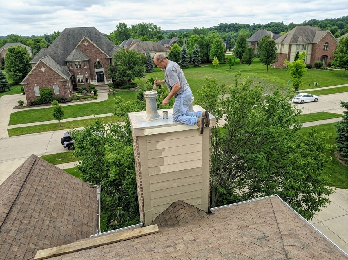 Person on a rooftop chimney repairing or cleaning it in a suburban neighborhood.