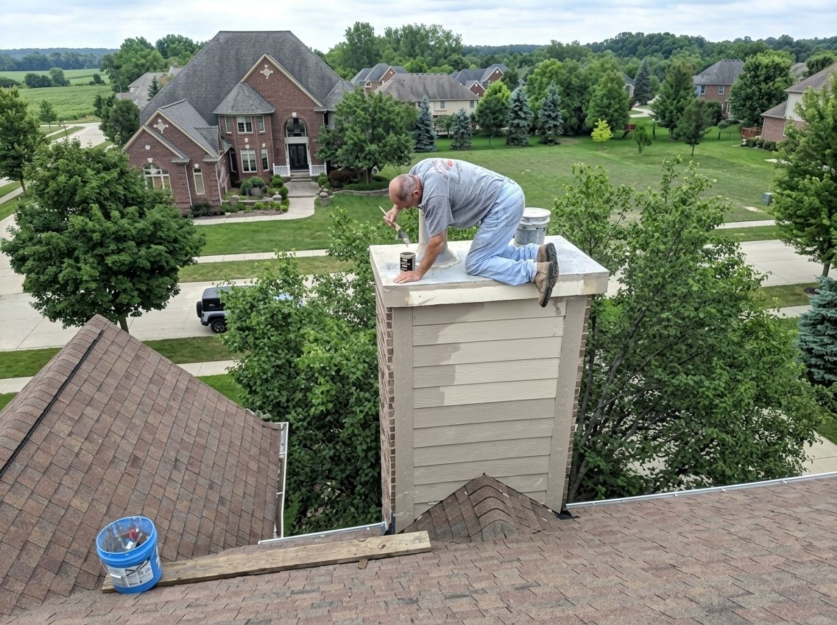 Worker kneeling on a rooftop chimney, repairing or inspecting it in a suburban neighborhood.
