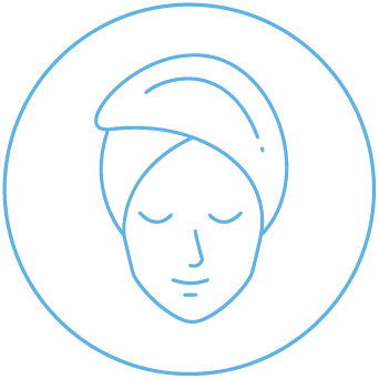 Light blue line icon of a serene face with closed eyes inside a circle, wearing a towel wrap