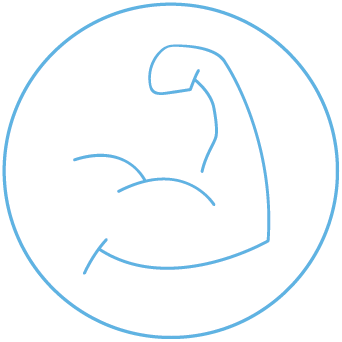 Blue line drawing of a flexed arm inside a circle on a white background