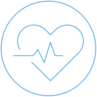 Light blue heart outline with ECG line inside a circle on white background