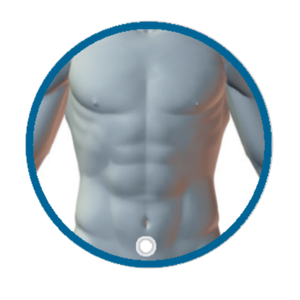 Close-up of a muscular male torso icon inside a blue circular frame.