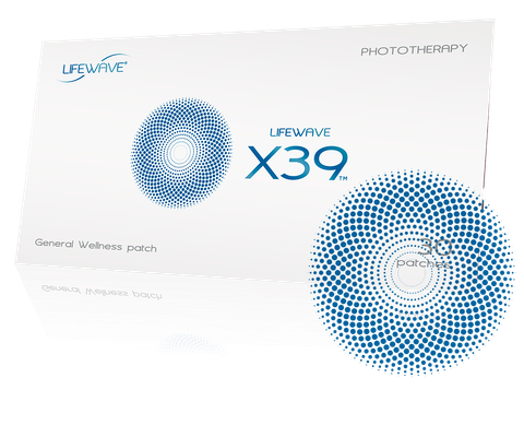LifeWave X39 phototherapy patch box with blue circular design on white background
