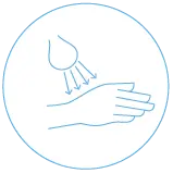Blue line icon of a hand being washed under running water from a faucet