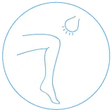 Simple line drawing of a bent leg inside a circle with a small sun icon in the top right.