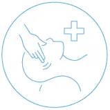 Line drawing of a hand gently supporting a person’s back with a medical cross icon.